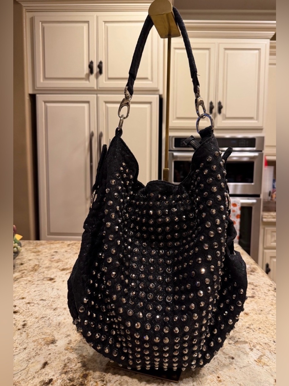 Black Studded Hobo Bag - Sleek Women's Shoulder Tote